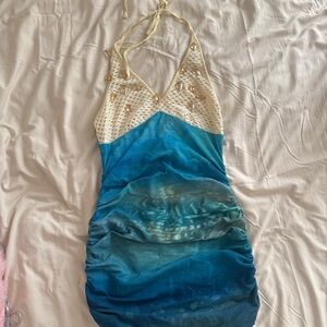 Blue and White Crochet and mesh Halter Dress